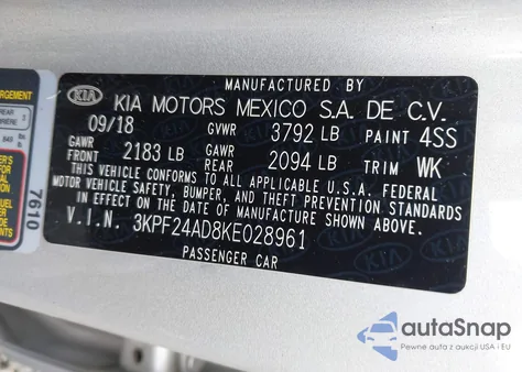 2019 Kia Forte Lxs z USA, uszkodzony, nr VIN 3KPF24AD8KE028961